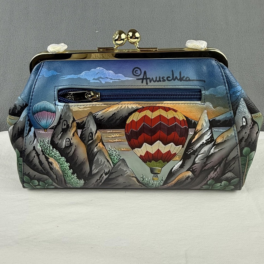 Anuschka Hand Painted Bag Purse Leather Hot Air Balloon Kiss Lock Crossbody NWT - Picture 7 of 14